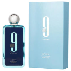 Afnan 9 AM Dive perfume 3.4 oz bottle with light blue packaging box